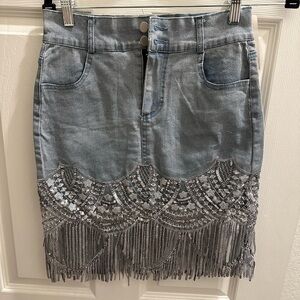 Elegant Blue Denim Pencil Skirt with rhinestone fringe Small